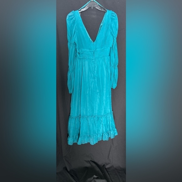 Mac Duggal 68254 NWT Teal Chiffon Ruched Tiered Puff Sleeve A Line Dress - Picture 5 of 6